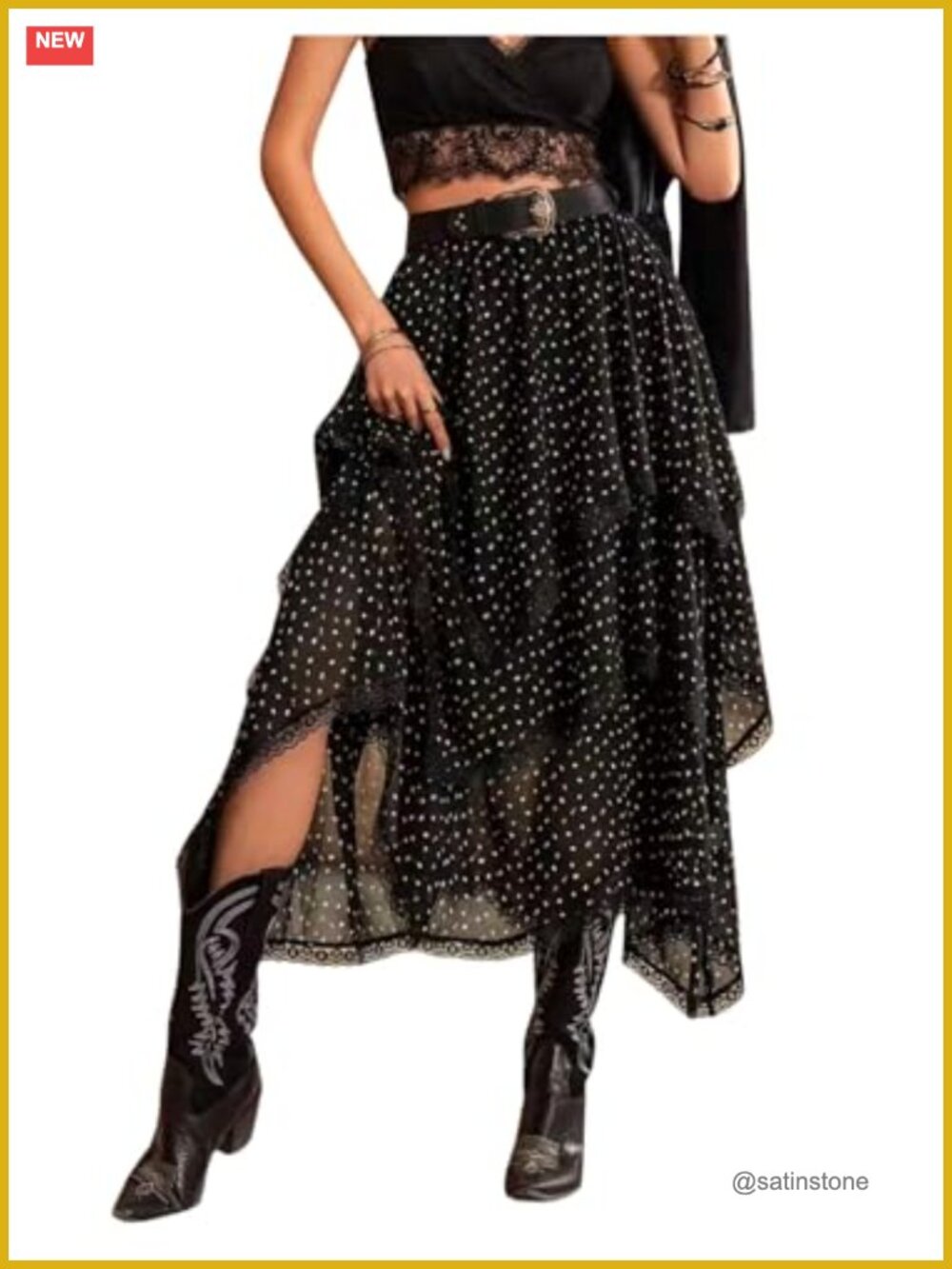 Y2K Polka Dot Asymmetrical Ruffle Layered Long Skirt High Waist Lace Trim